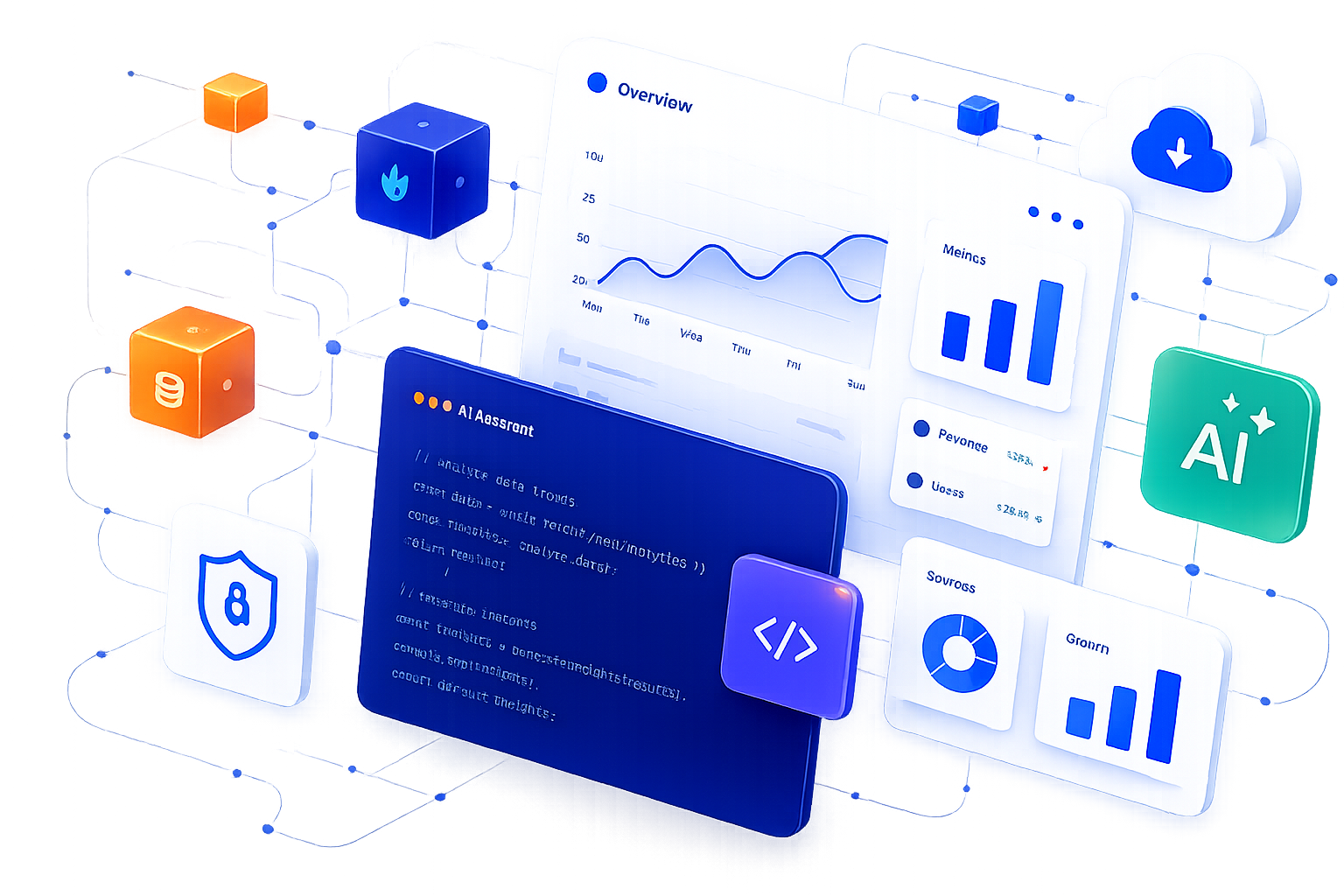 Software dashboard s analytikou, AI prvky, kódem a cloudem
